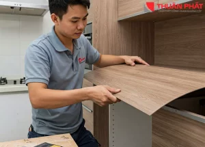 Hình ảnh nhân viên kỹ thuật đo đạc và lắp đặt tấm PVC vân gỗ cho tủ bếp Hình ảnh nhân viên kỹ thuật đo đạc và lắp đặt tấm PVC vân gỗ cho tủ bếp