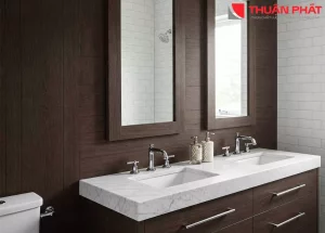 Ph&ograve;ng tắm được trang tr&iacute; bằng tấm gỗ nhựa gi&uacute;p tạo ra điểm nhấn v&agrave; mang t&iacute;nh thẩm mỹ cao