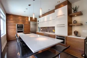 Mẫu tủ bếp gỗ công nghiệp kết hợp với gỗ tự nhiên (Nguồn: Sưu tầm) Mẫu tủ bếp gỗ công nghiệp kết hợp với gỗ tự nhiên (Nguồn: Sưu tầm)